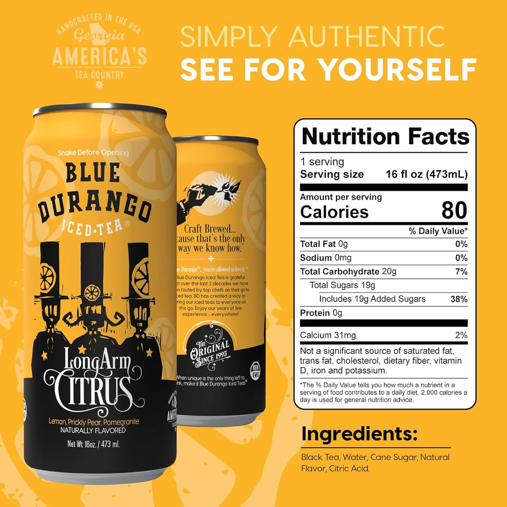 Blue Durango Iced Tea - Long Arm Citrus - Black Tea, Lemon, Prickly Pear, Pomegranate - Low Sugar, Non-GMO, No Artificial Sweeteners, Gluten-Free - All Natural Ingredients - 16 oz Cans (12 Pack)