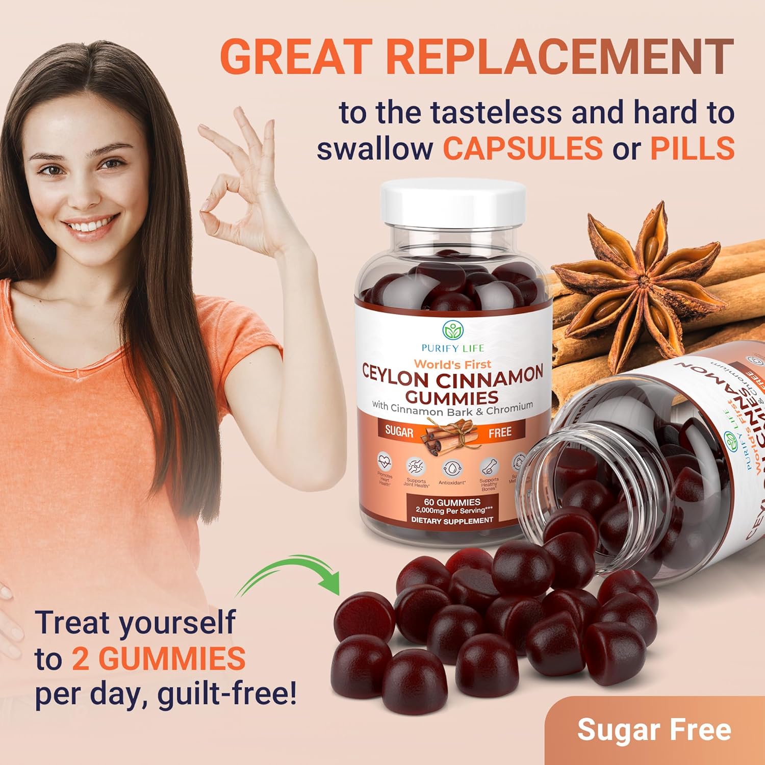 Purify Life Sugar-Free Ceylon Cinnamon Gummies (2,000mg/Serving) Ceylon Cinnamon Supplement for Brain Health, Vegan, Gluten-Free, Replace Ceylon Cinnamon Capsules, Pills, Powder, Extract (60 Chews)