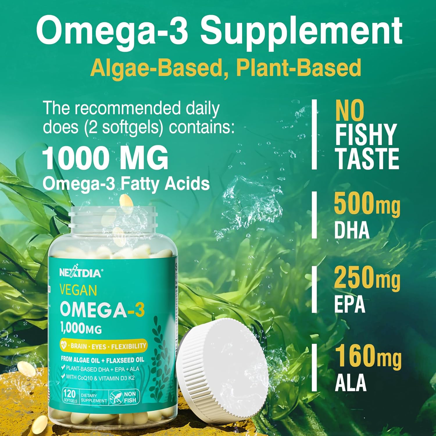 Vegan Omega 3 DHA EPA ALA Supplement with 5000IU Vitamin D3 K2 (MK7), CoQ10 for Women Men | Fish Oil Alternative | Plant Based Algae Oil Omega 3 1000mg Pills for Bone, Brain, Eye, Skin | 120 Softgels