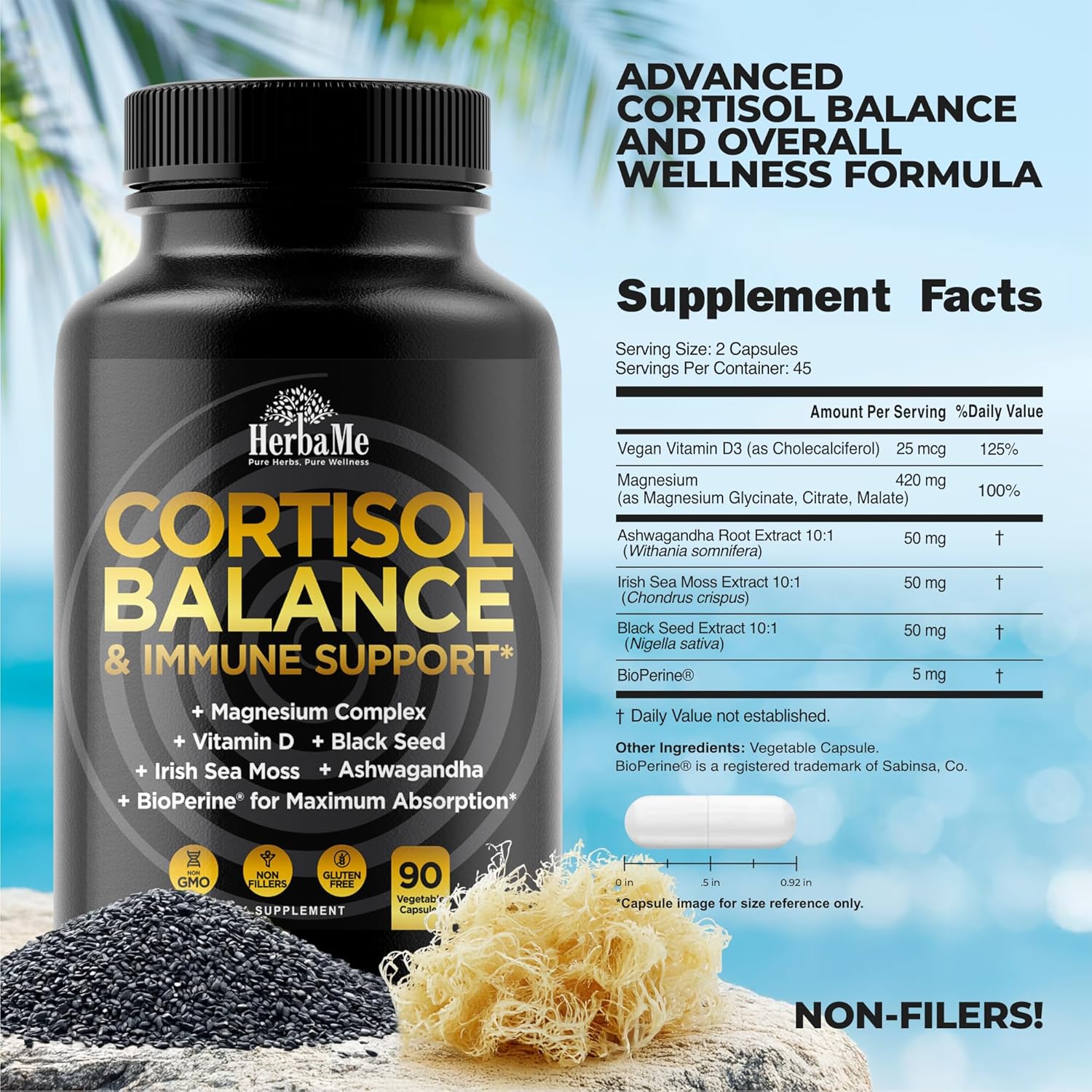 Cortisol Balance and Immune Support Supplement with Ashwagandha, Irish Sea Moss, Black Seed, Vitamin D and Magnesium Complex | Mood Enhancer | Immunity Booster | Stress Relief Pills | 90 Capsules