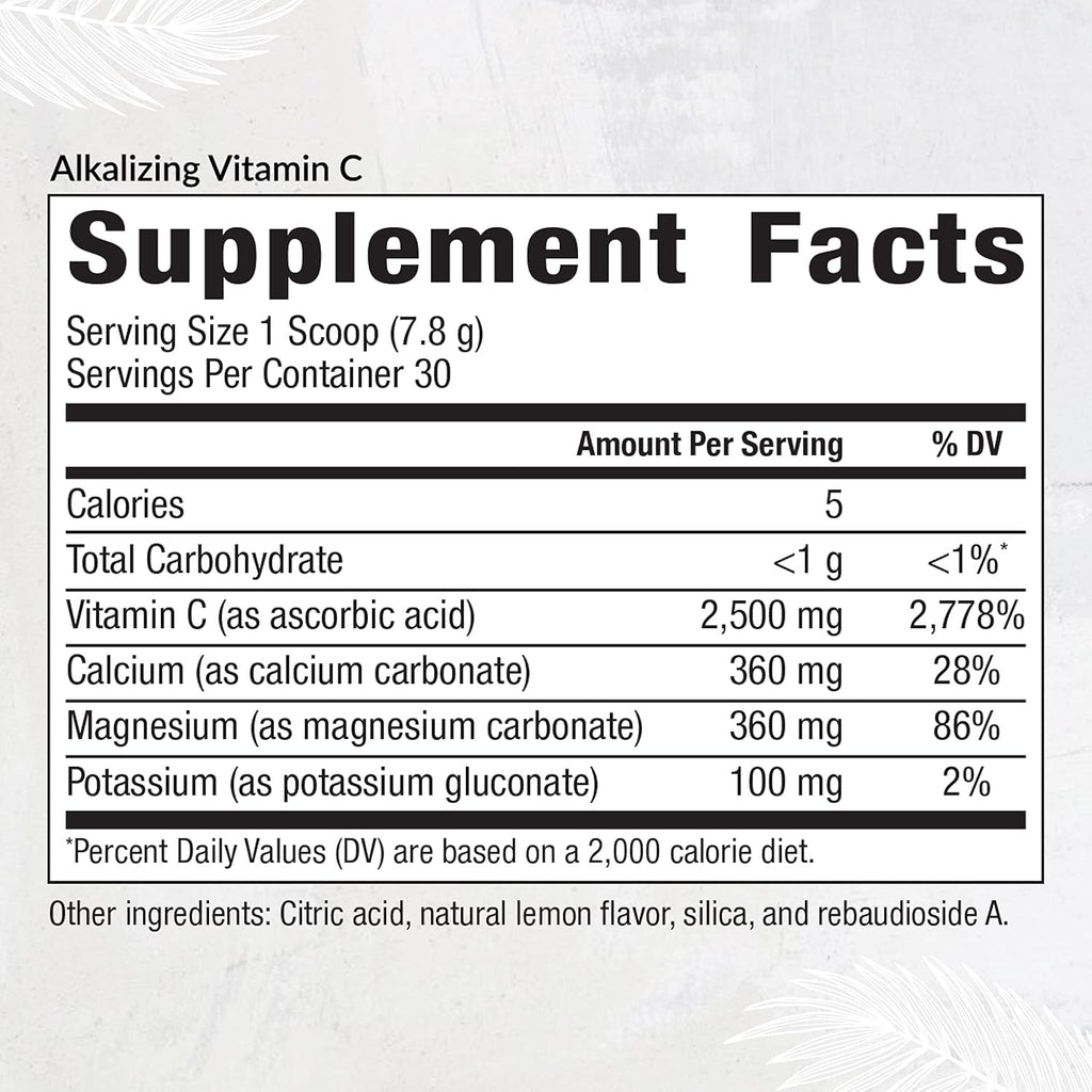 Equilife Alkalizing Vitamin C, 2500 mg per Serving, Immunity Support Supplement with Magnesium, Calcium, & Potassium, Easy Absorption Powder Formula, Gluten Free, Non GMO, Lemon Splash Flavor, 8.3 Oz