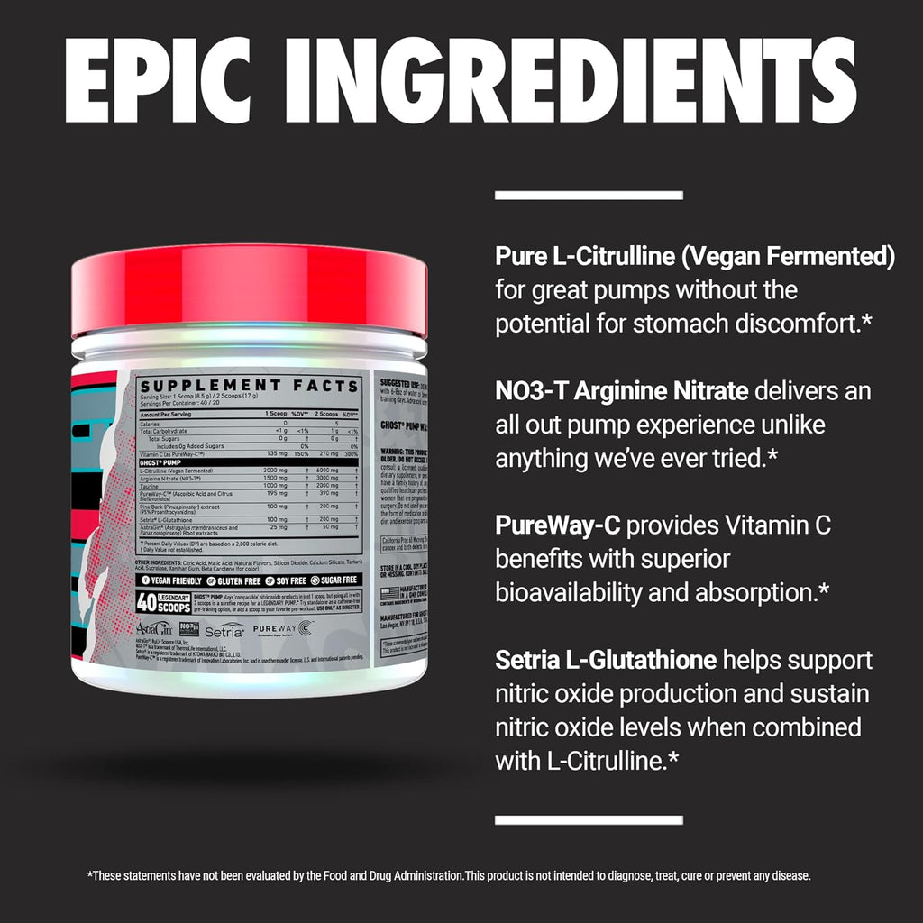GHOST Pump Nitric Oxide Powder, Peach - 40 Servings - Sugar-Free & Stim-Free Pre-Workout Supplements - L-Citrulline, Arginine Nitrate & L-Glutathione - Soy & Gluten-Free, Vegan