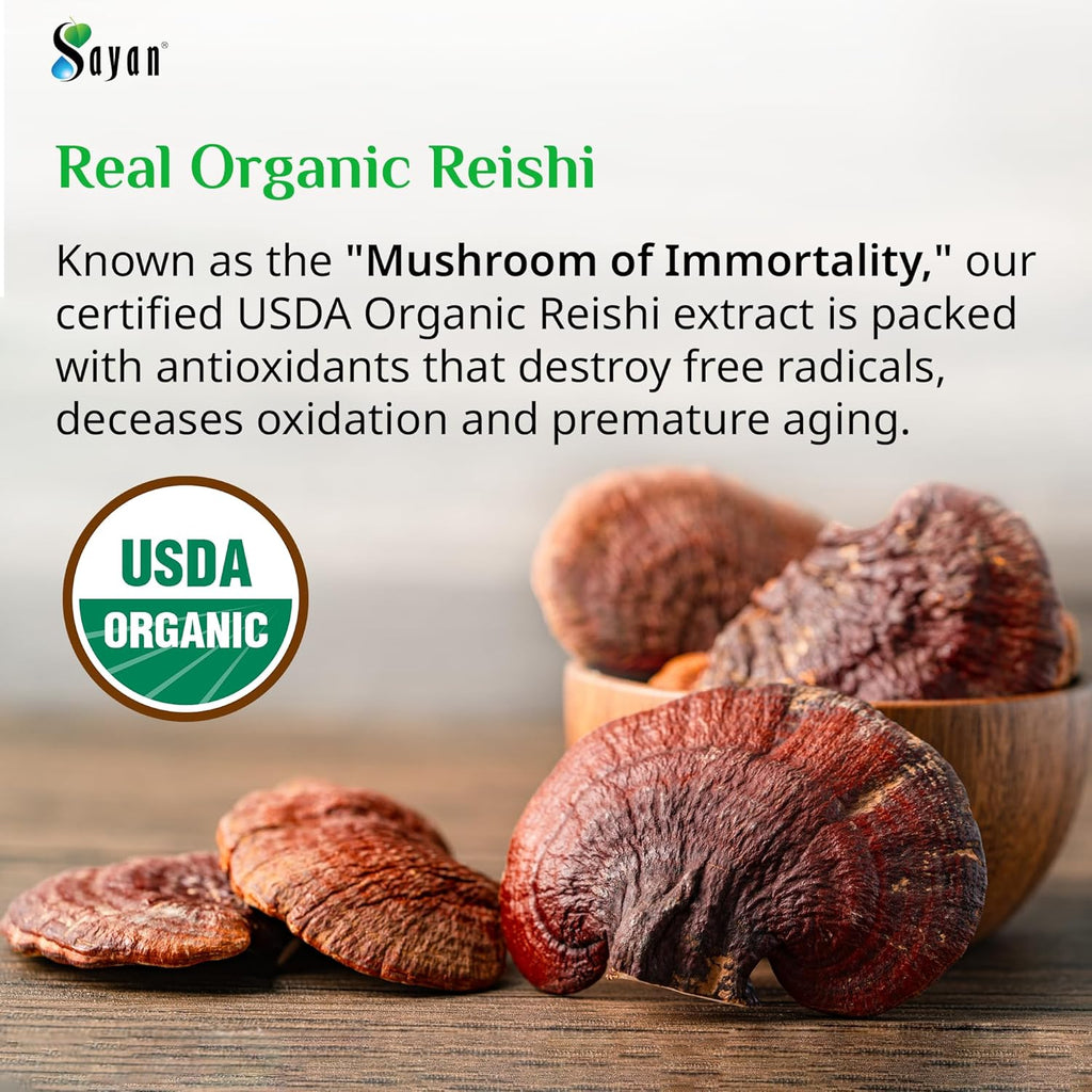 Sayan Reishi Mushroom Extract 90 Capsules/440mg Each – Longevity, Vitality, Wellness & Immune Support Supplement – USDA Organic & Vegan – Non-GMO, No Fillers, or Additives – Always Pure and Potent