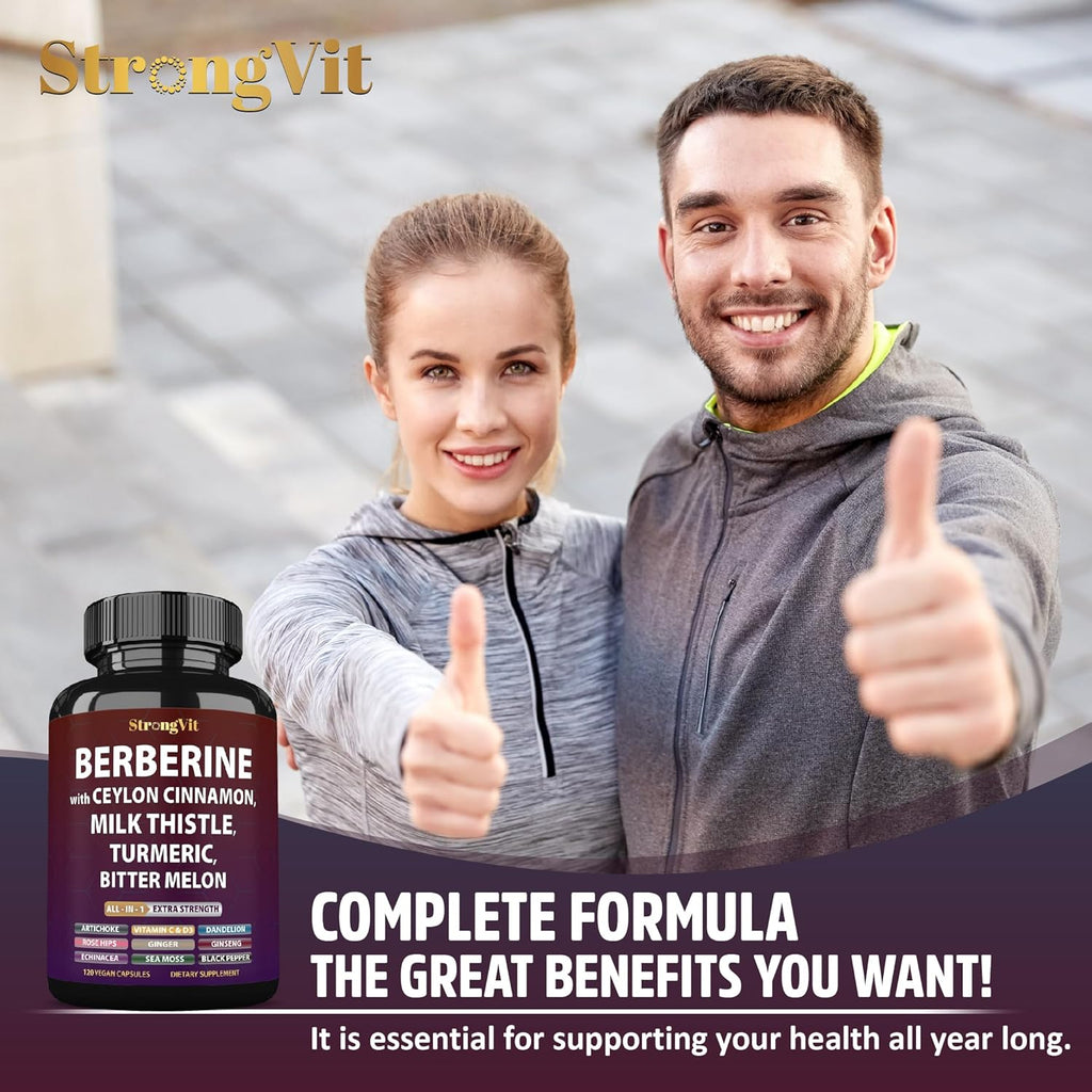 Berberine with Ceylon Cinnamon Supplement, Milk Thistle, Turmeric, Bitter Melon for Digestion, Immunity. Organic Complex for Men & Women, Non-GMO, Gluten-Free, Vegan, USA (120 Capsules)