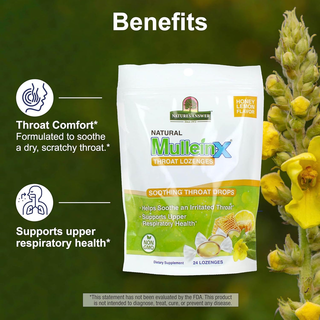 Nature's Answer Mullein‑X Respiratory Soothing Throat Lozenges 24‑Count – Alcohol‑Free Herbal Cough Support with Mullein, Marshmallow, English Ivy & Honey – Non‑GMO, Gluten‑Free