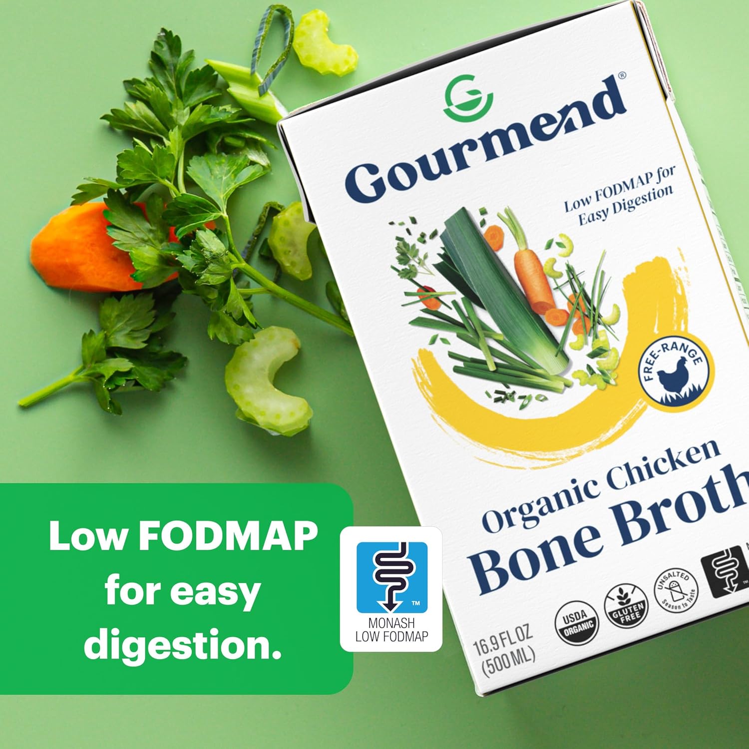 Organic Unsalted 16.9oz Chicken Bone Broth (3 Pack) – 7 Ingredients, Low FODMAP Certified, Filler Free, Gluten Free, Onion & Garlic Bulb Free