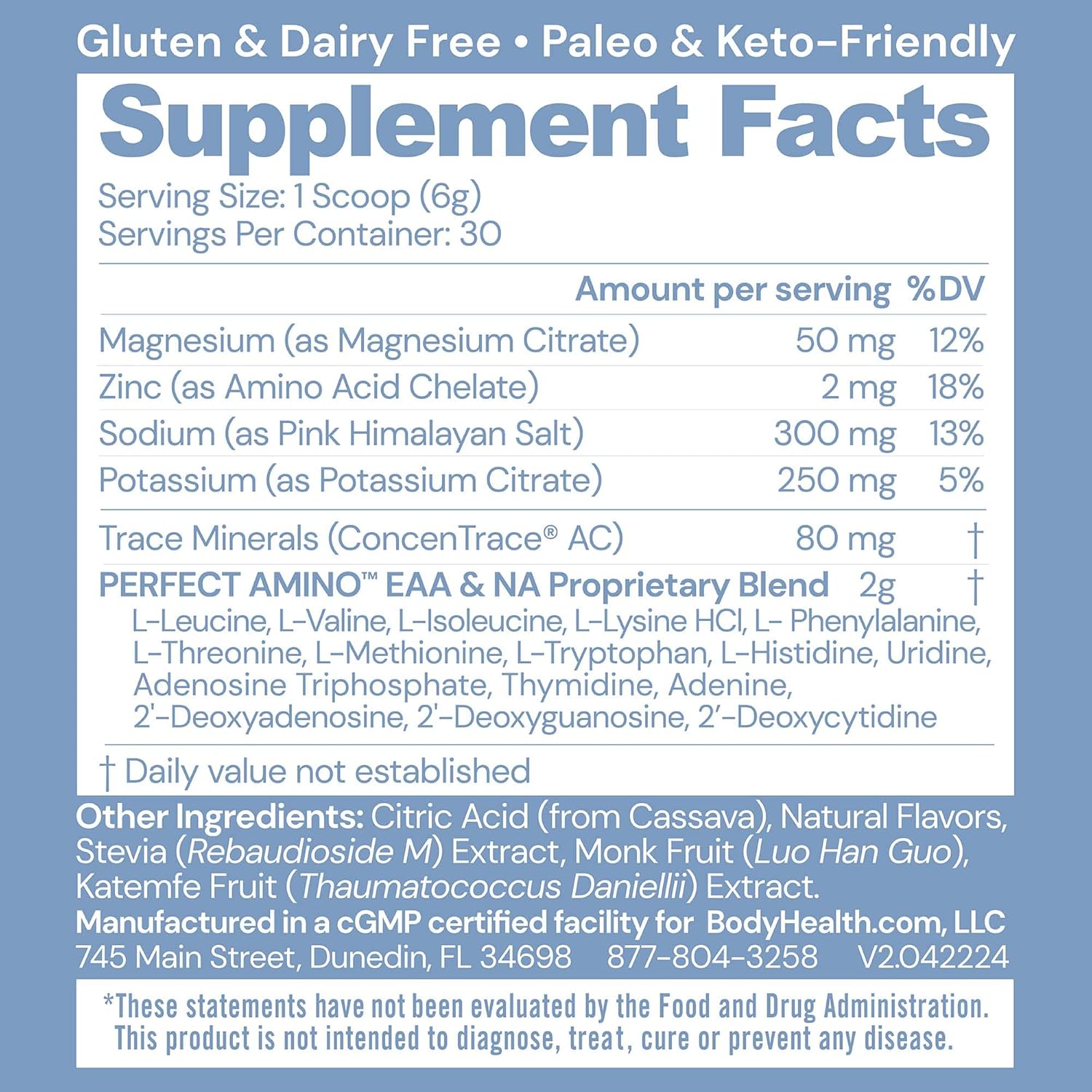 BodyHealth PerfectAmino Electrolyte Powder No Sugar, Hydration Fasting Keto Zero Sugar Electrolytes Drink Mix with Trace Minerals - Lemon Lime - 30 Servings