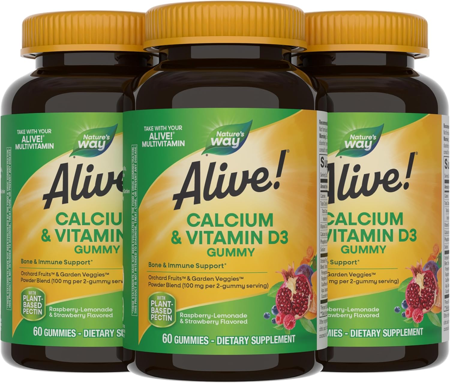 Nature's Way Alive! Daily Calcium & Vitamin D3 Gummies, Bone Support*, Immune Support*, Strawberry and Raspberry- Lemonade Flavored, 60 Gummies (Set of 3)