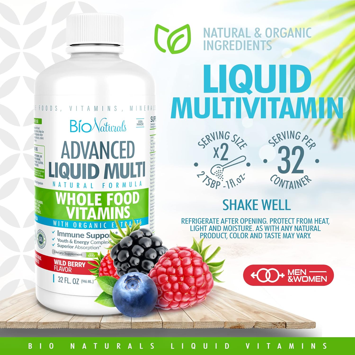 Bio Naturals Liquid Whole Food Multivitamin for Men & Women with Over 100 Ingredients - Superfoods, Omegas, Organic Extracts - 100% Vegan - 32 oz