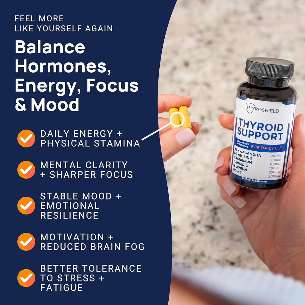 Thyroid Support, Pure Complex with Iodine, Ashwagandha, L-Tyrosine, Selenium, Thyroid Supplement for Women & Men, Energy, Hormone & Metabolism Support, cGMP, CoA Verified - 60 Capsules