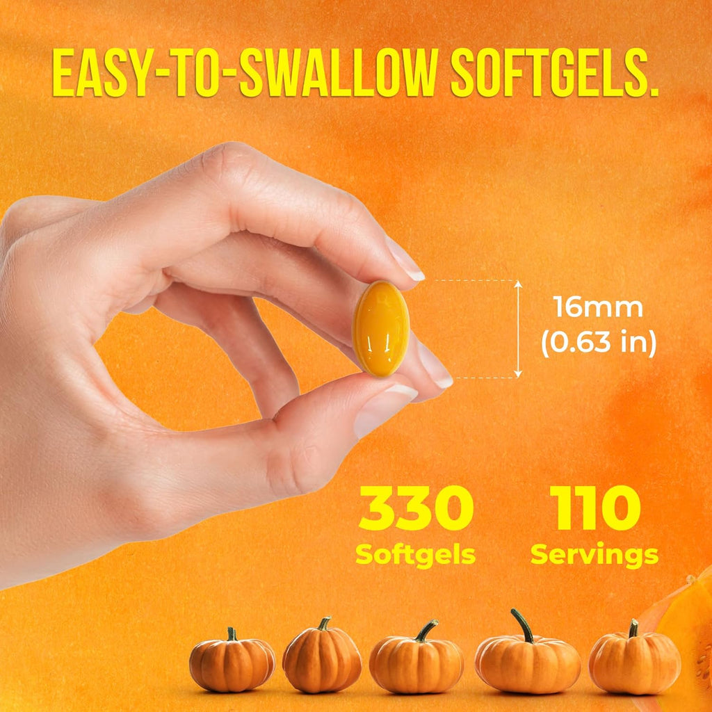 FreshDrinkUS, 330 Premium Pumpkin Seed Oil Softgels with Saw Palmetto, 3000mg Per Serving, Cold Pressed, Pure Virgin Oil, Great Hair Support, Non-GMO, Gluten-Free, Vegan