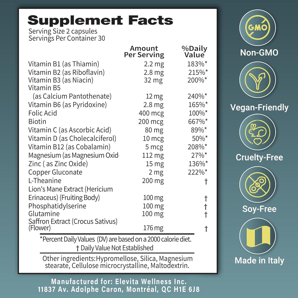 Focus Supplement (Made in Italy) | Premium Blend with L-Theanine, Lion's Mane & B Vitamins, Saffron and Vitamin D | Focus & Cognitive Support for Men & Women