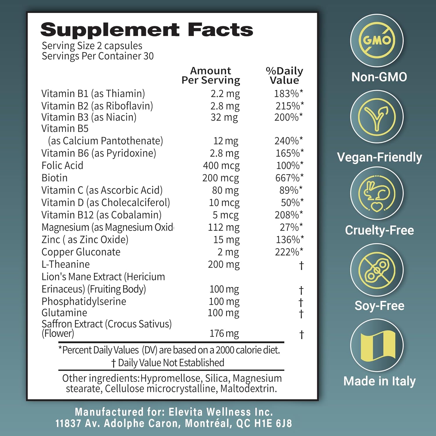 Focus Supplement (Made in Italy) | Premium Blend with L-Theanine, Lion's Mane & B Vitamins, Saffron and Vitamin D | Focus & Cognitive Support for Men & Women