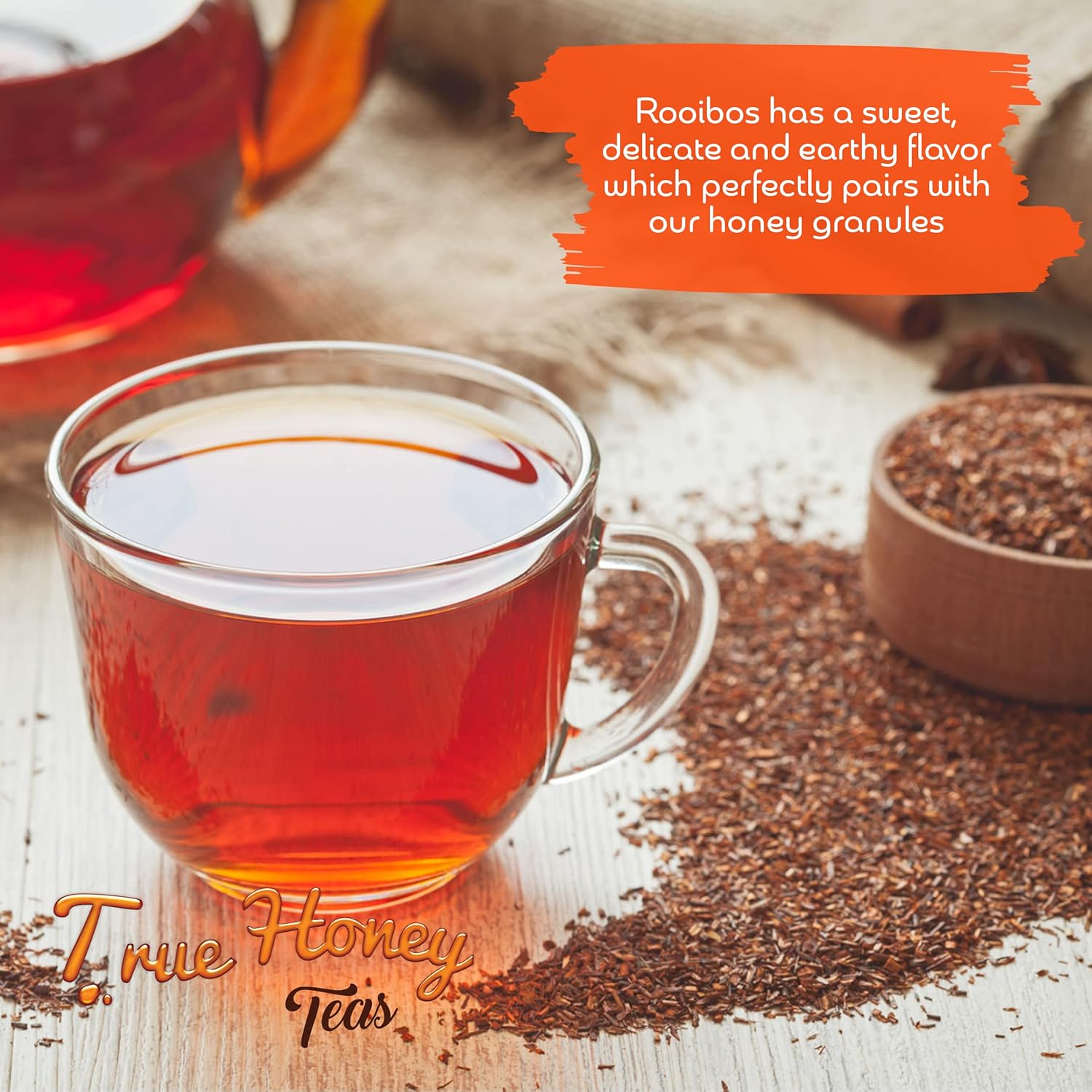 True Honey Rooibos Tea Bags - Honey Crystals Blended in Every Sachet - Decaf Red Rooibos Tea - All Natural Organic Herbal Caffeine Free Tea Bag 24 Count