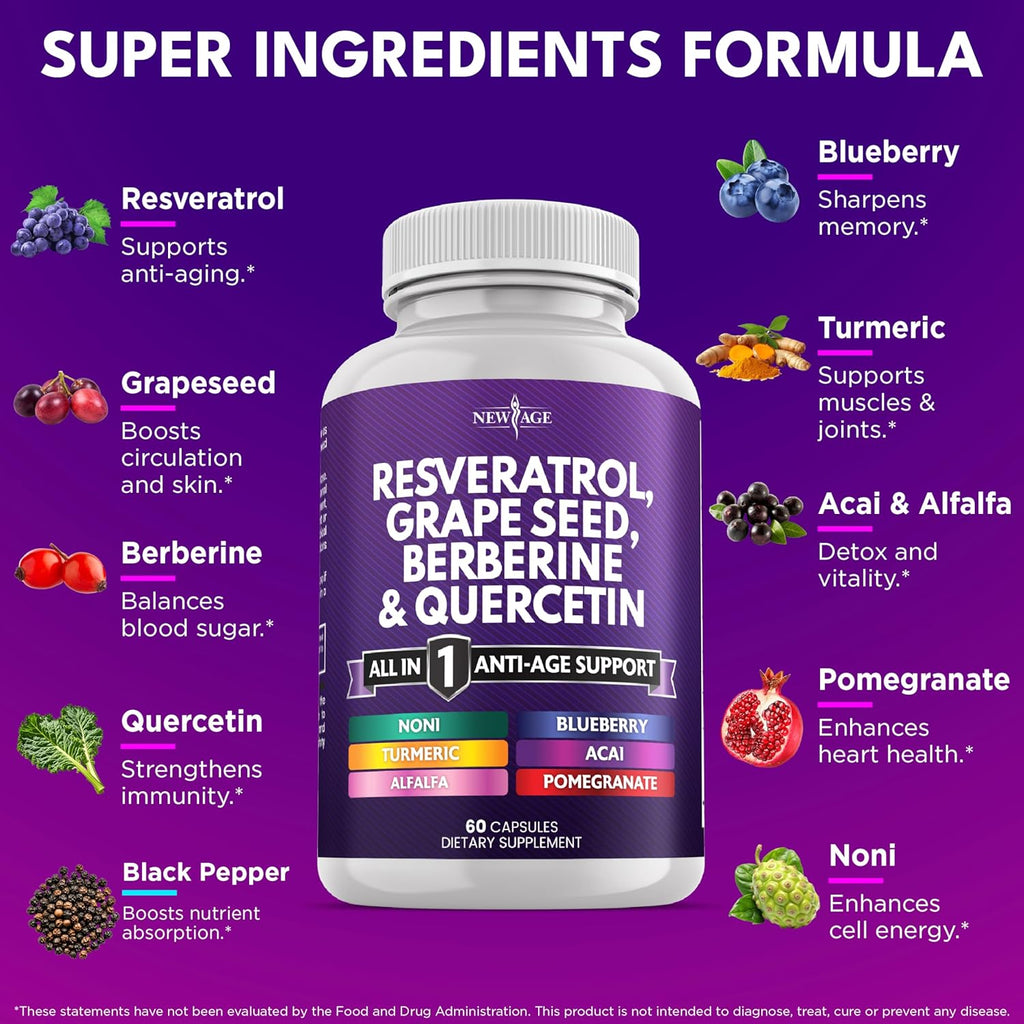 NEW AGE Resveratrol, Berberine, Grape Seed Extract, Quercetin, Polyphenol Supplement for Women and Men with Noni Extract, N-Acetyl Cysteine, Acai Extract - 120 Capsules
