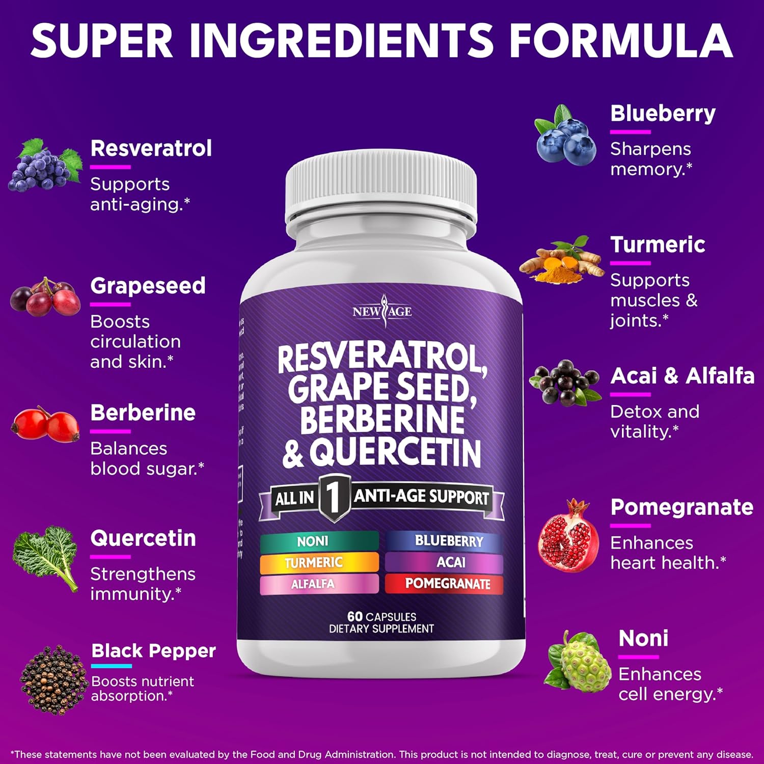 NEW AGE Resveratrol, Berberine, Grape Seed Extract, Quercetin, Polyphenol Supplement for Women and Men with Noni Extract, N-Acetyl Cysteine, Acai Extract - 120 Capsules