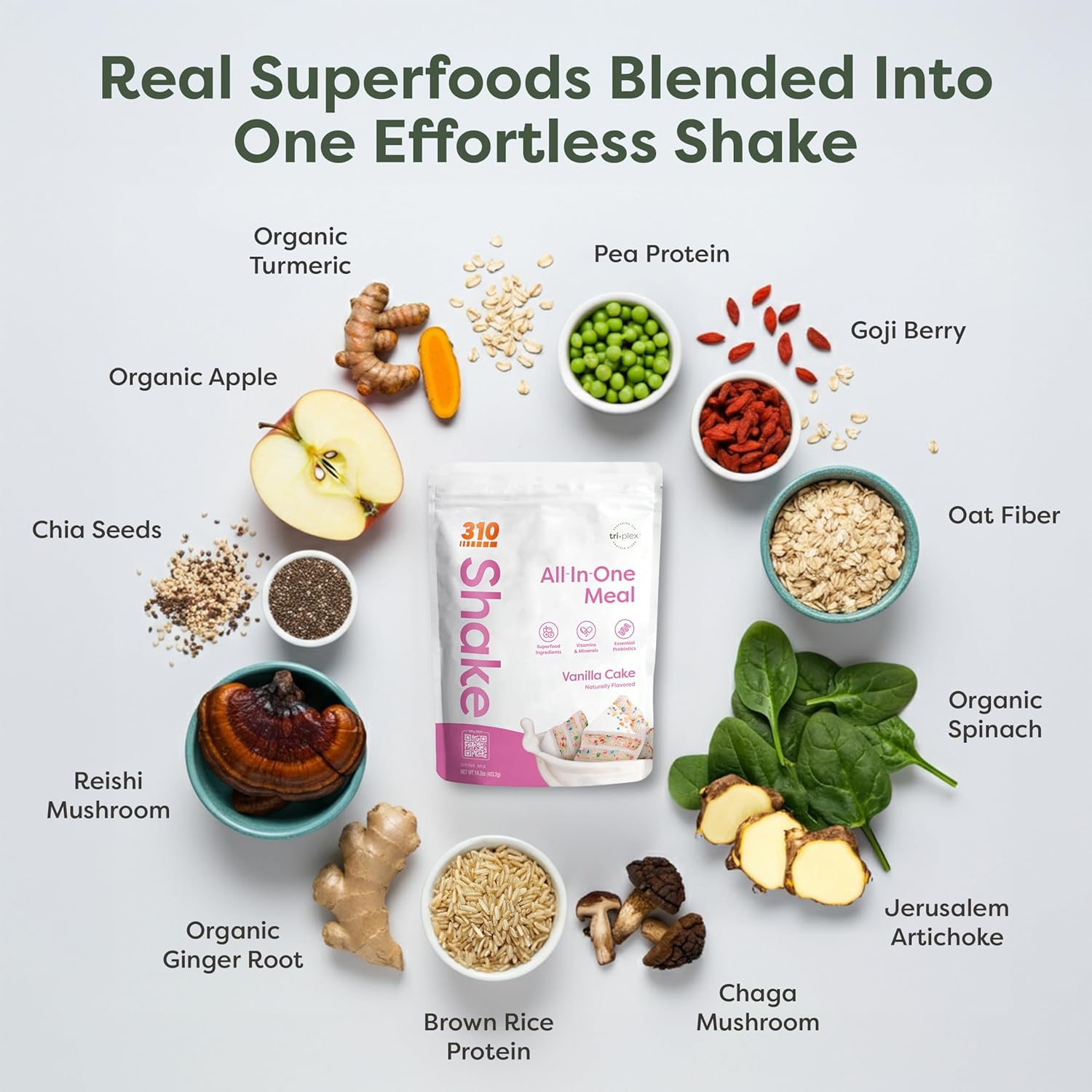 310 Nutrition All-In-One Meal Replacement Shake Powder - Plant-Based Protein Smoothie Blend w/High Fiber, Probiotics & Adaptogens - Low Carb, Vegan, Keto & Paleo Friendly - Vanilla Cake - 14 Srv