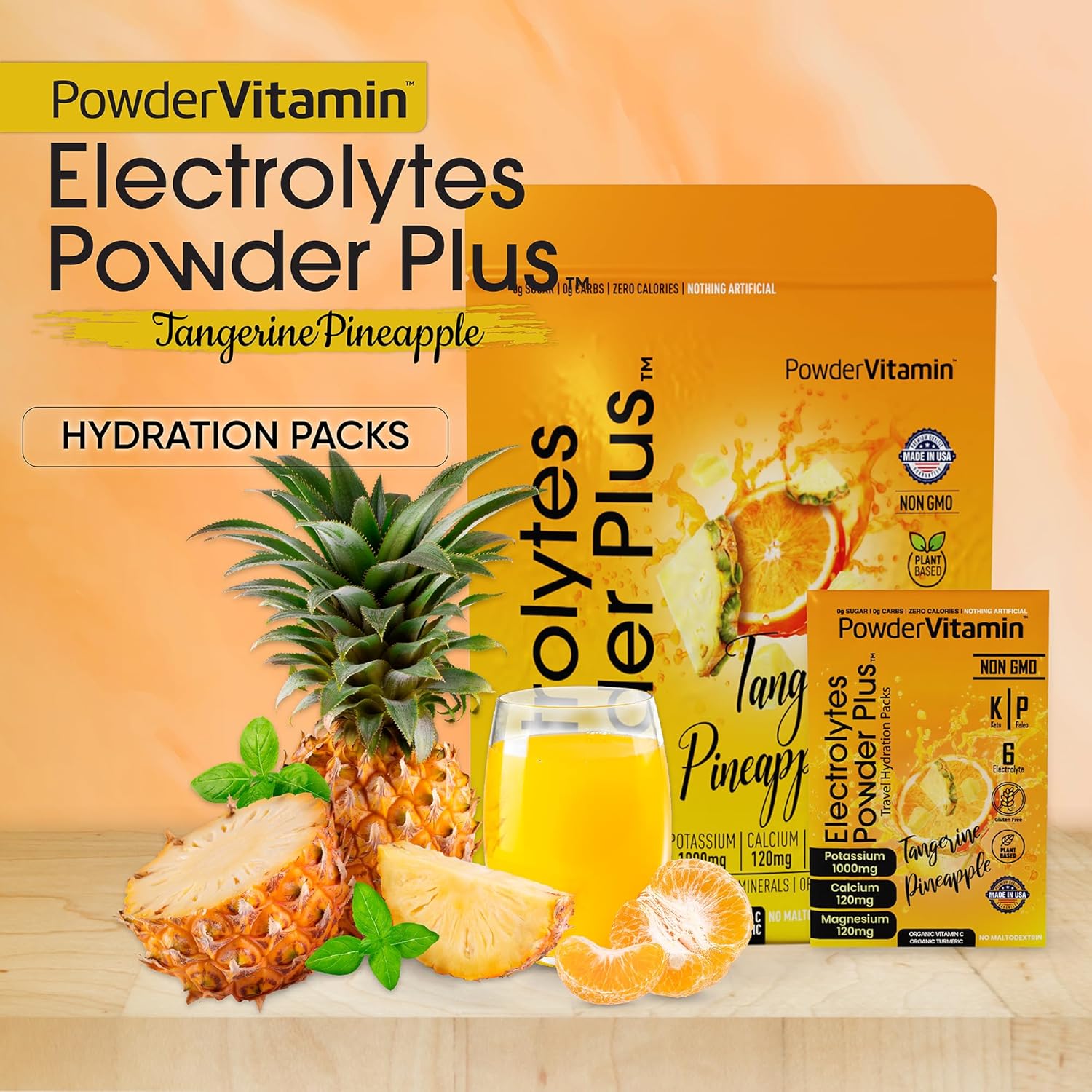 PowderVitamin Electrolytes Powder Plus, Keto, Tangerine Pineapple, Sugar Free, Pink Himalayan Salt, 1000mg Potassium, 120mg Calcium, 120mg Magnesium, Non-GMO, Zero Calories, (16 Hydration Packets)