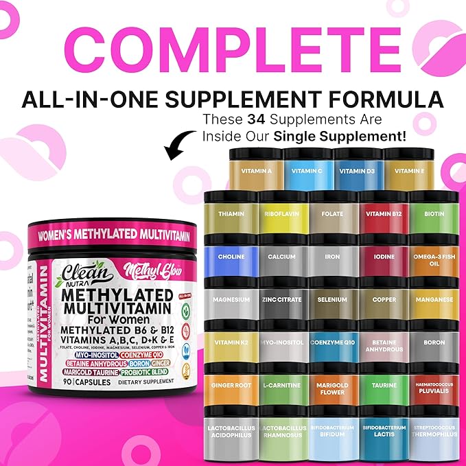 Methylated Multivitamin for Women Vitamins B6 Methyl B12 A B C D K E Folate Choline Omega 3 Thiamine Riboflavin Iron Iodine Magnesium Zinc Selenium Copper Calcium 90 Capsules by Clean Nutra