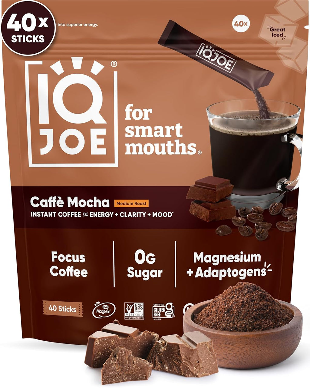 IQJOE Mushroom Coffee Packets (40 Servings) Lion’s Mane, Magtein Magnesium, Antioxidants, Adaptogens - Caffe Mocha - Instant Coffee for Focus, Clarity, Mood, Energy Boost - Sugar Free, Keto, Vegan