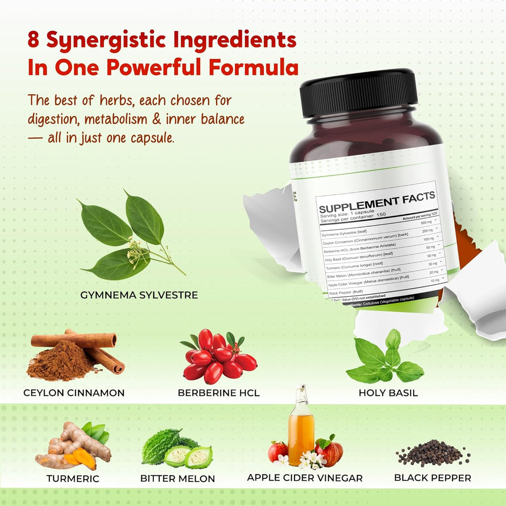 All-in-1 Gymnema Sylvestre Ceylon Cinnamon Berberine1, High Potency s for Digestive Health & Metabolism Support - Made in The USA