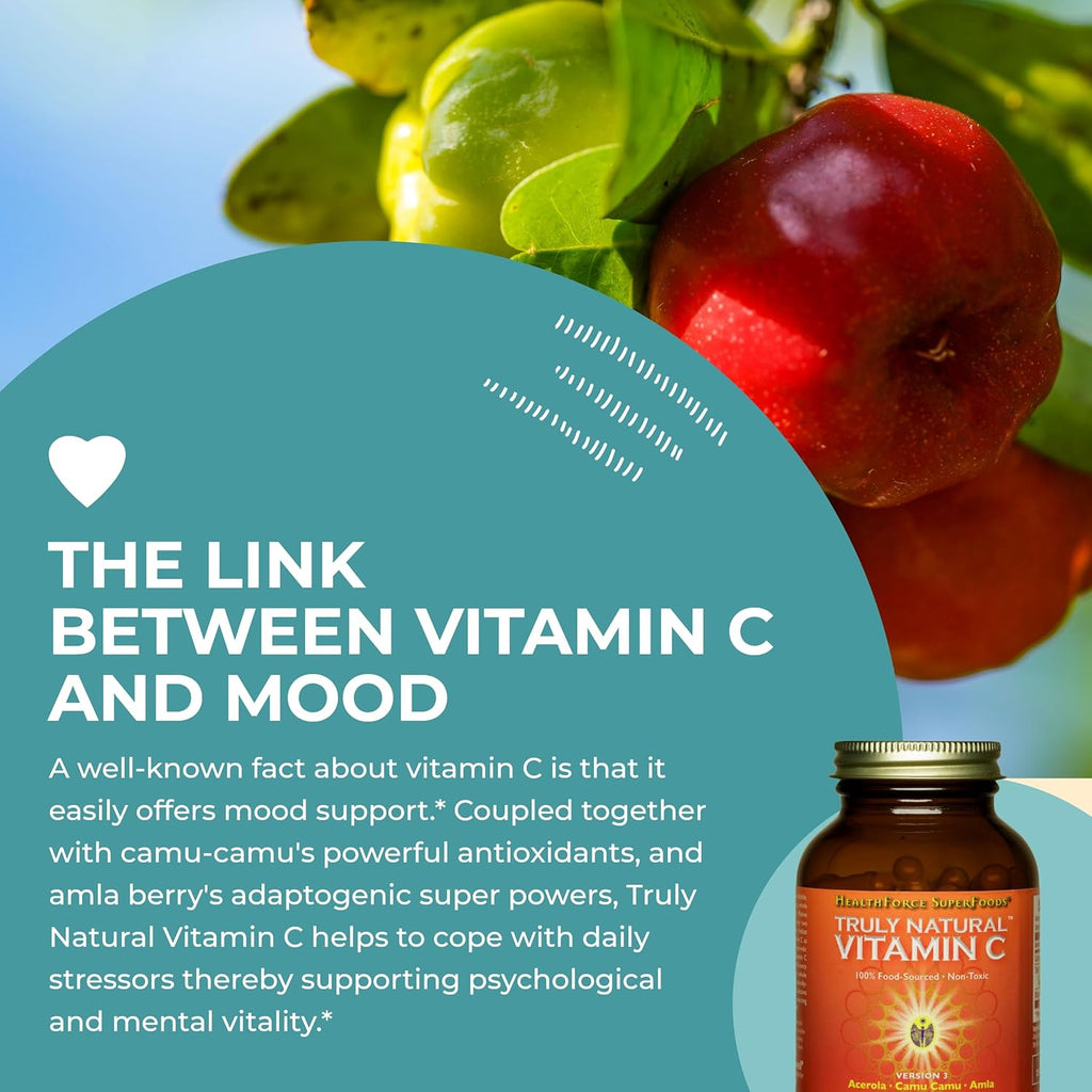HEALTHFORCE SUPERFOODS Truly Natural Vitamin C - Immune Support Supplement with Camu Camu Berry - Vitamin C Supplement for Immune Health - Vegan, Non-GMO - 120 Vegan Caps, 15 Servings