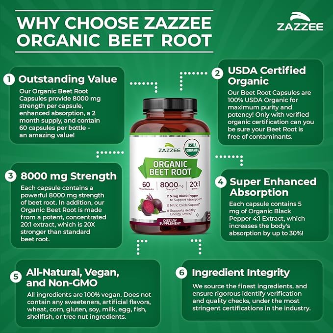 Zazzee USDA Organic Beet Root 8000 mg Strength 20:1 Extract, 60 Vegan Quick Release Capsules, Kosher, Supports Nitric Oxide Production, Black Pepper Extract for Enhanced Absorption, Made in The USA