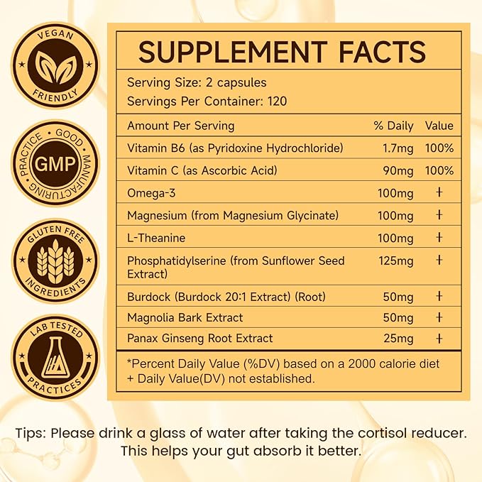 Cortisol Reducer, Cortisol Supplements for Women/Men, Natural Manager Supplement, Daily Relaxation Support for Stressful Days & Post-Workout Recovery, Stress Relief, Mood, Calm & Restful Sleep