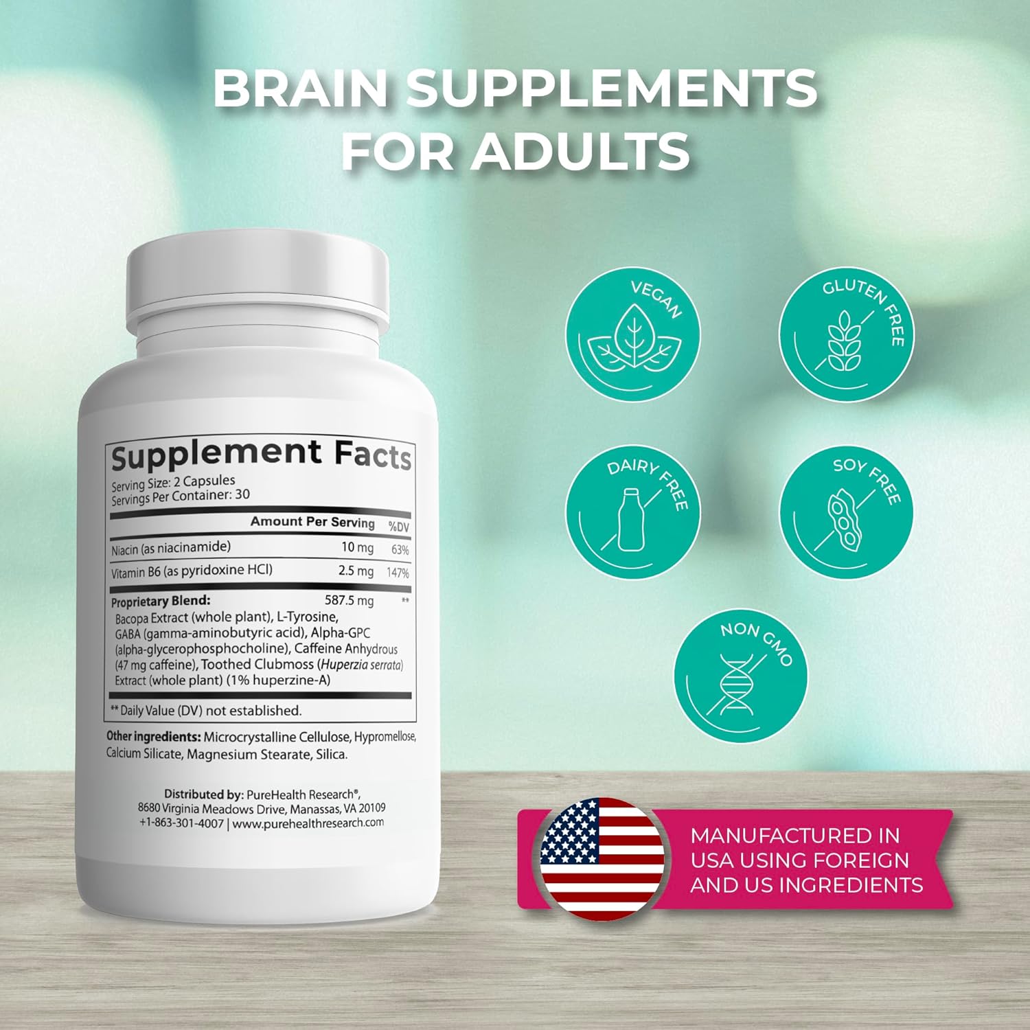 PUREHEALTH RESEARCH Ageless Brain Supplements for Memory and Focus - Nootropic Brain Health Supplement for Adults - with Bacopa Monieri, Alpha GPC, L-Tyrosine, Vitamin B6, Niacin & More, 60 Capsules