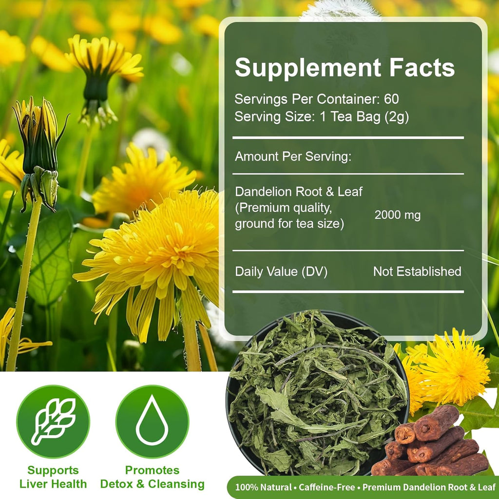 Dandelion Root & Leaf Tea 2g x 60 Teabags | 100% Natural Dandelion Tea for Liver Detox & Cleansing and Digestive Support | Herbal, Caffeine-Free