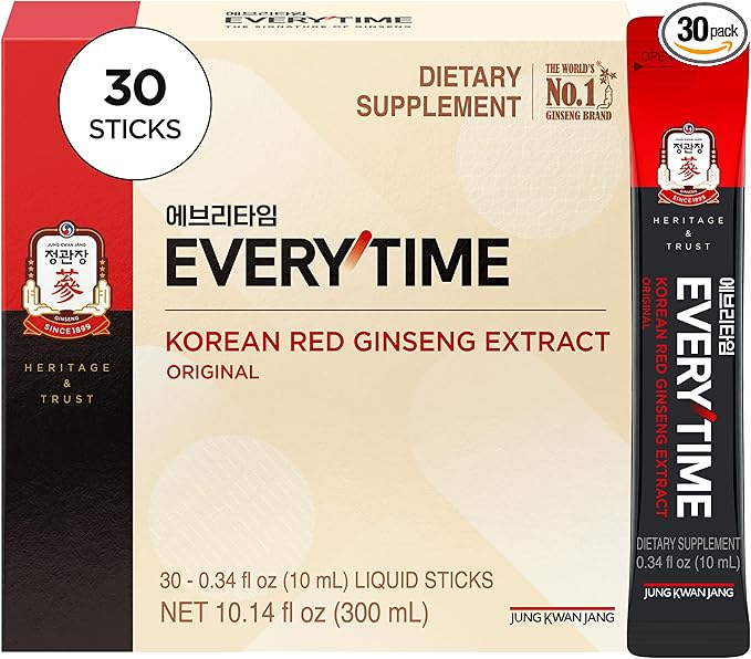JUNG KWAN JANG Everytime Korean Red Ginseng Extract Stick 3,000mg Original - Adaptogen Energy Drink Liquid Stick Supplements - Energy Boost & Immune Support, Caffeine Free (30 Sticks)