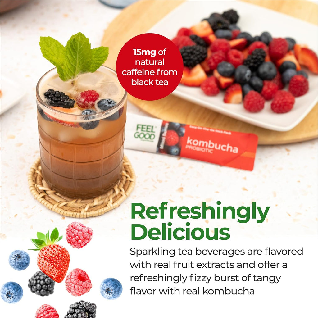 FeelGood Superfoods Kombucha Iced Tea Packets, Delicious Mixed Berries Flavored Refreshing Instant Kombucha Powder Fizzy Drink, Probiotic Supplement for Gut Health, 14 Pack