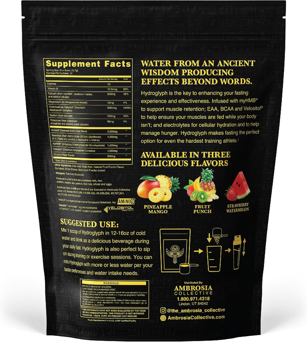 Ambrosia Hydroglyph Intraworkout Electrolytes Hydration Drink Mix | Sugar Free Electrolyte Powder with Amino Acids | Supports Lean Muscle During Fasting | 30 Servings | Fruit Punch