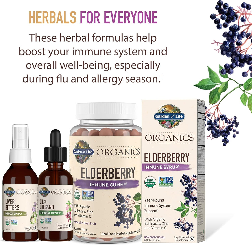 Garden of Life Organics Elderberry Gummies for Adults & Kids - Immune Support Supplement with Organic Fruit, Herbal Blend, Elderberry, Echinacea, Zinc, Vitamin C, 120 Vegan Gluten Free Gummies