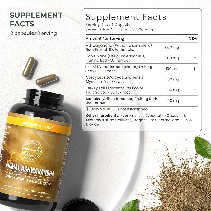 Primal Harvest Ashwagandha Supplement with 5 Mushroom Extracts: Lion’s Mane, Reishi, Cordyceps, Turkey Tail & Maitake for Immune Support & Cognitive Health (60 Count (Pack of 2)