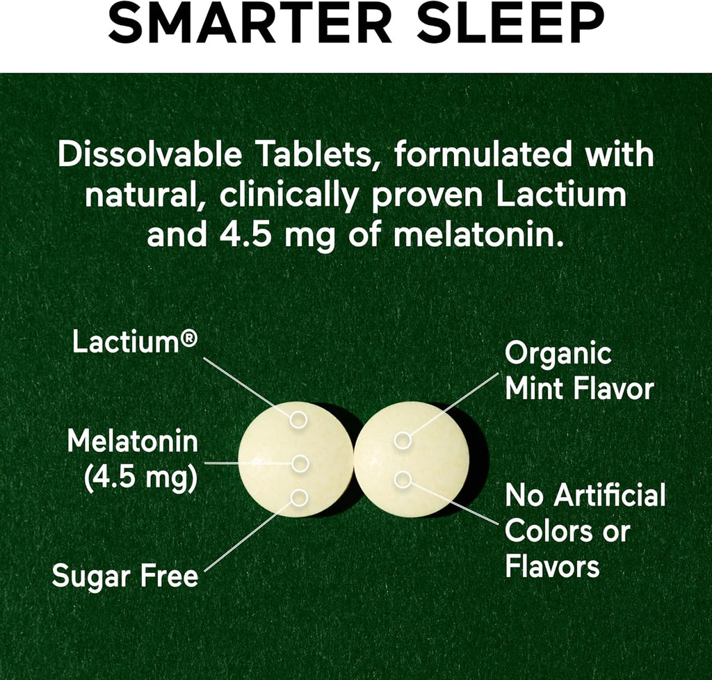 SMARTERNUTRITION Smarter Sleep Melatonin Dissolvable Tablets 4.5 mg + Natural Clinically Proven Lactium® for Sleep & Stress Support - Mint Flavor Melatonin Tablets - Non-GMO-60 Count[30-Day Supply]
