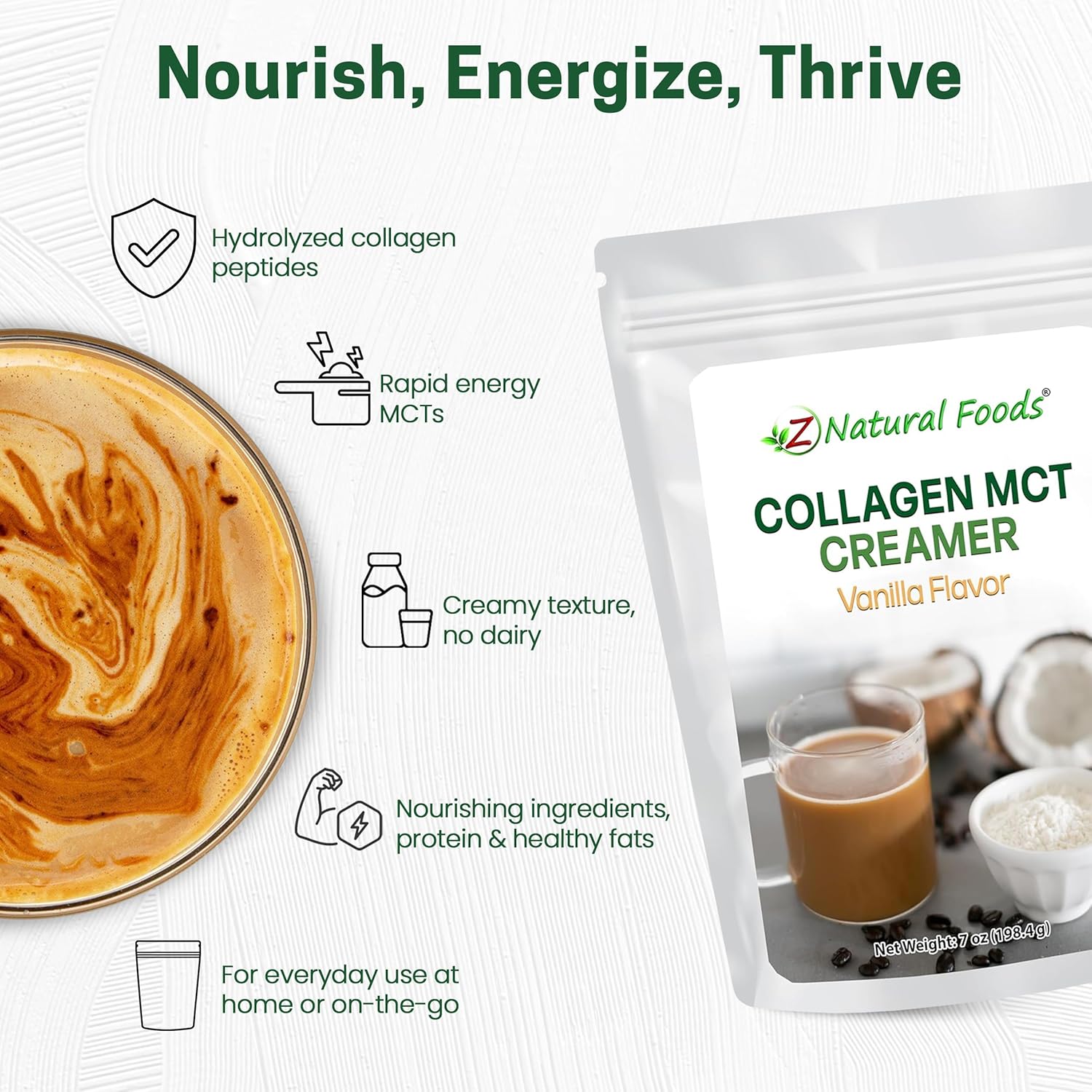 Z Natural Foods Collagen MCT Oil Creamer - Vanilla Flavor - Bulk 7 oz Size For Coffee, Tea, Shakes & Smoothies - Perfect for Cooking or Baking Recipes - Keto & Paleo Friendly Superfood Powder - Non GMO & Gluten Free