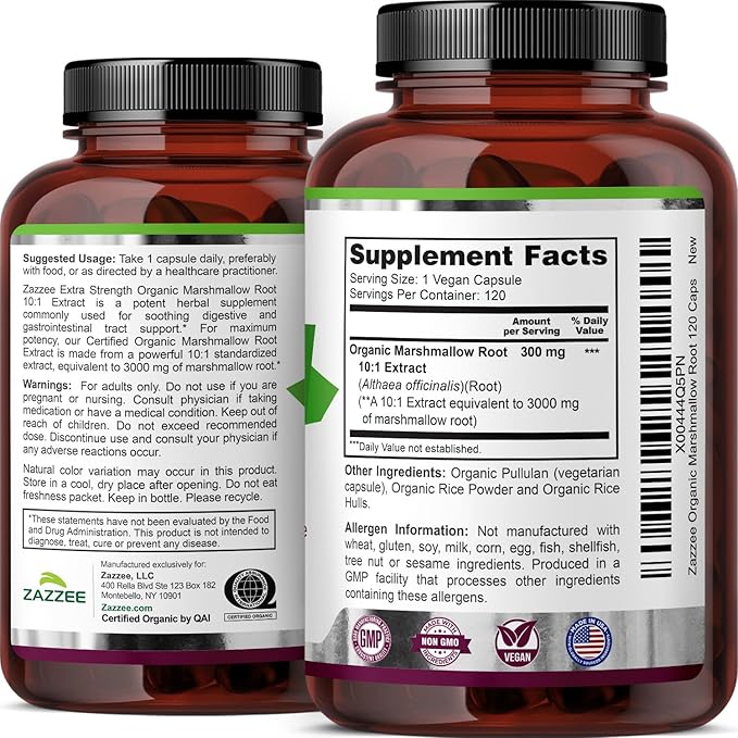 Zazzee USDA Organic Marshmallow Root 10:1 Extract, 3000 mg Strength, 120 Vegan Capsules, 4 Month Supply, Standardized, Concentrated 10X Extract, 100% Vegetarian, All-Natural, Non-GMO, Made in The USA