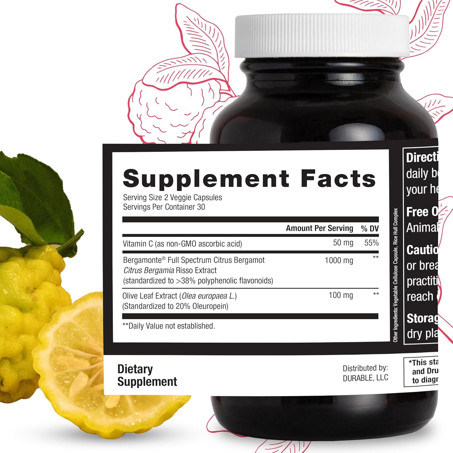 Durable Heart – Bergamonte Citrus Bergamot 1,000 mg + Olive Leaf Extract + Vitamin C - Heart Health Supplement for Healthy Cholesterol - Doctor Formulated, Vegan, Non-GMO, Made in USA (60 Capsules)