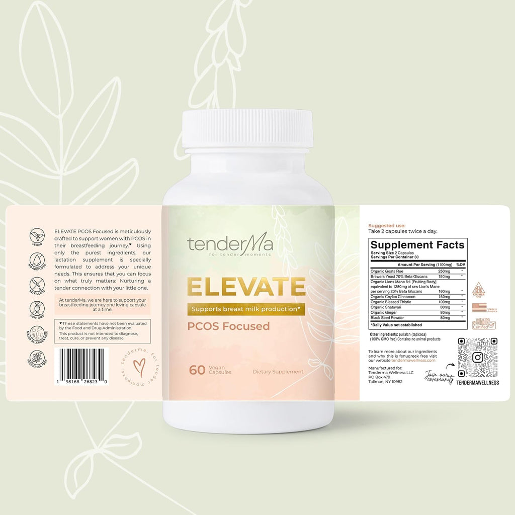 Elevate – PCOS Focused Lactation Support with Orgainc Goat’s Rue, Lion’s Mane, Shatavari & Ceylon Cinnamon – Vegan, Non-GMO, Herbal Supplement for Breastfeeding Moms – 60 Capsules