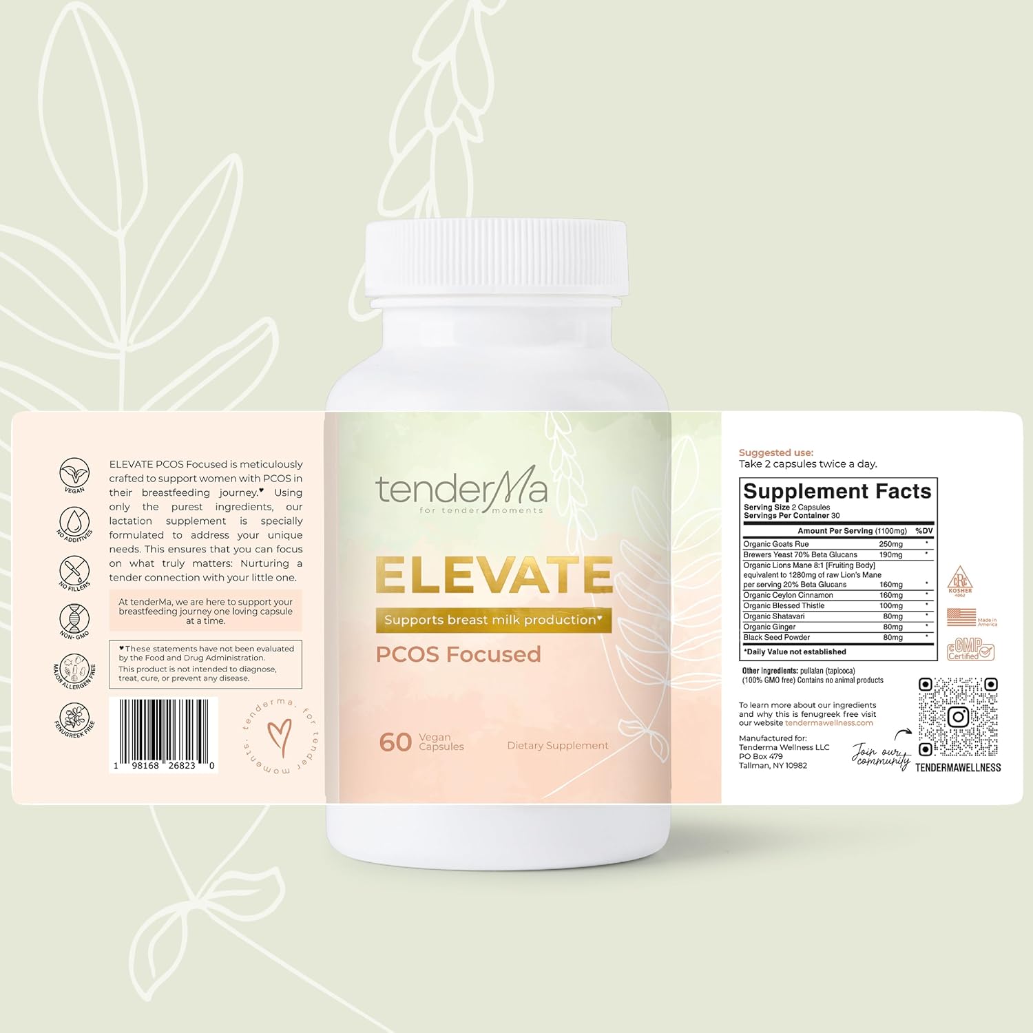 Elevate – PCOS Focused Lactation Support with Orgainc Goat’s Rue, Lion’s Mane, Shatavari & Ceylon Cinnamon – Vegan, Non-GMO, Herbal Supplement for Breastfeeding Moms – 60 Capsules