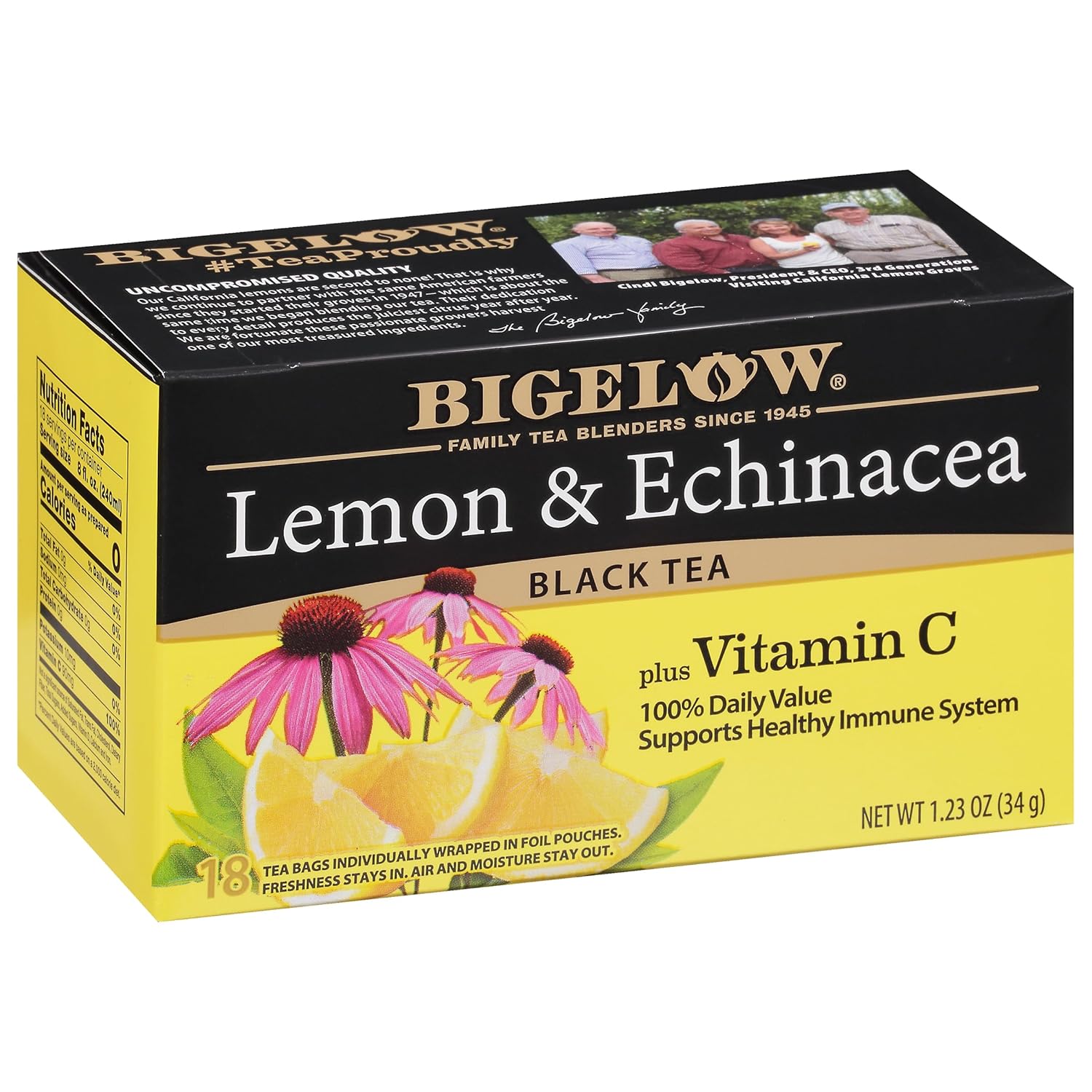 Bigelow Tea Lemon & Echinacea Plus Vitamin C Black Tea, Caffeinated Tea with Lemon and Echinacea, 18 Count Box (Pack of 6), 108 Total Tea Bags