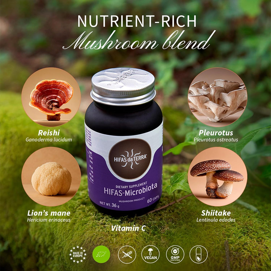 Hifas da Terra HIFAS-MICROBIOTA - Organic Mushroom Complex Supplement with Lion's Mane, Reishi, and Shiitake, Nootropic & Adaptogenic Mushroom Capsules for Adults, Gut, Immune & Brain Health - 60 Caps
