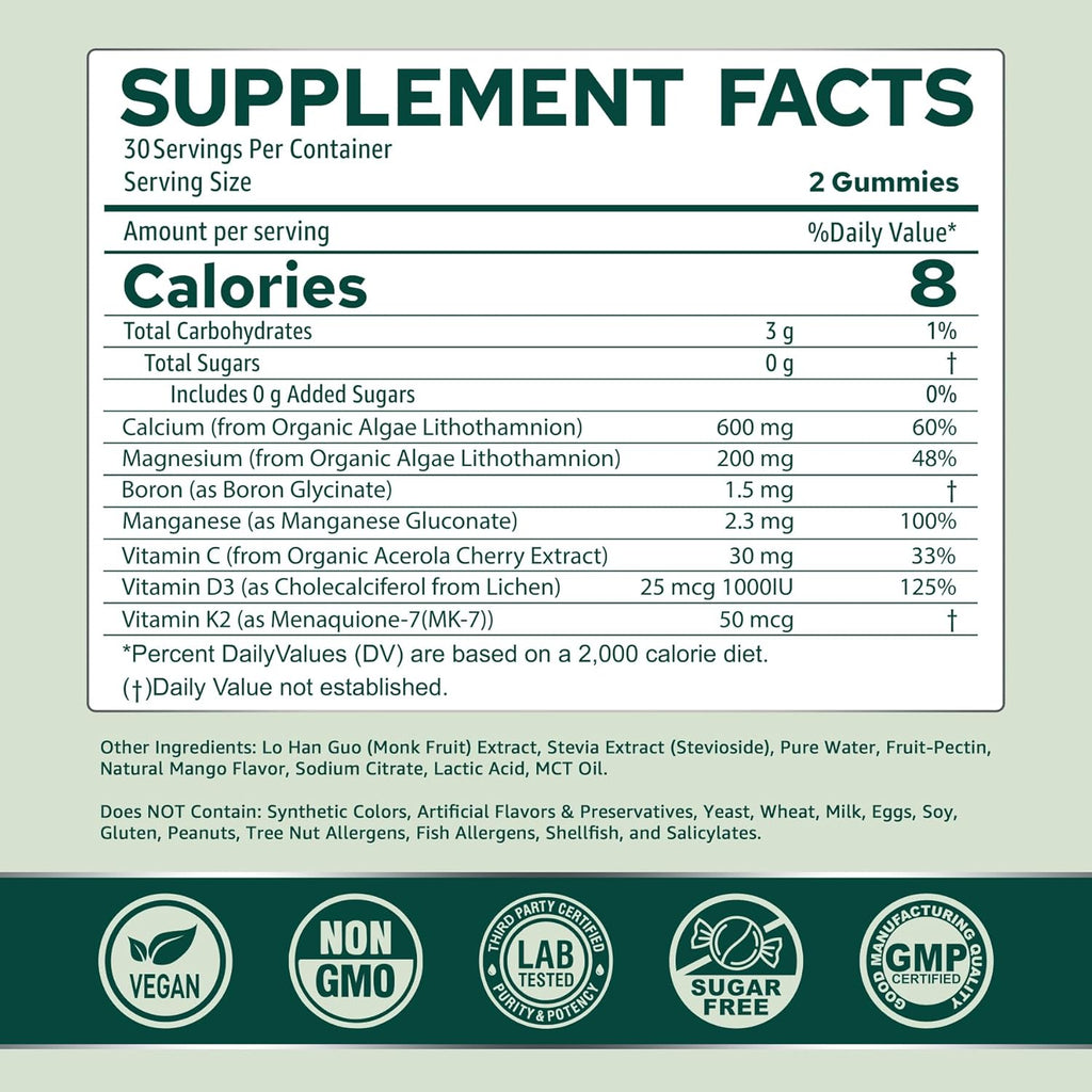 NEVISS Calcium Gummies for Women, Sugar Free Calcium Supplement with Vitamin D3 K2, C, Zinc, Boron, Sustainable Algae (3rd Party Tested) for Bone Strength, Calcium Absoption, Vegan, 60 Counts