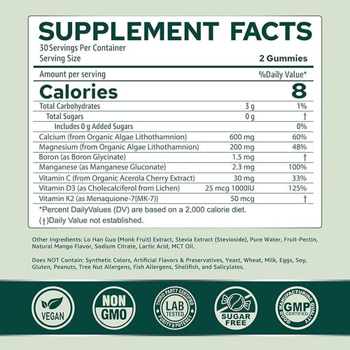 (2 Pack) Calcium Gummies for Women, Sugar Free Calcium Supplement from Sustainable Algae (3rd Party Tested) with Vitamin D3 K2, C, Zinc, Boron, Manganese for Bone Strength, Calcium Absoption, Vegan