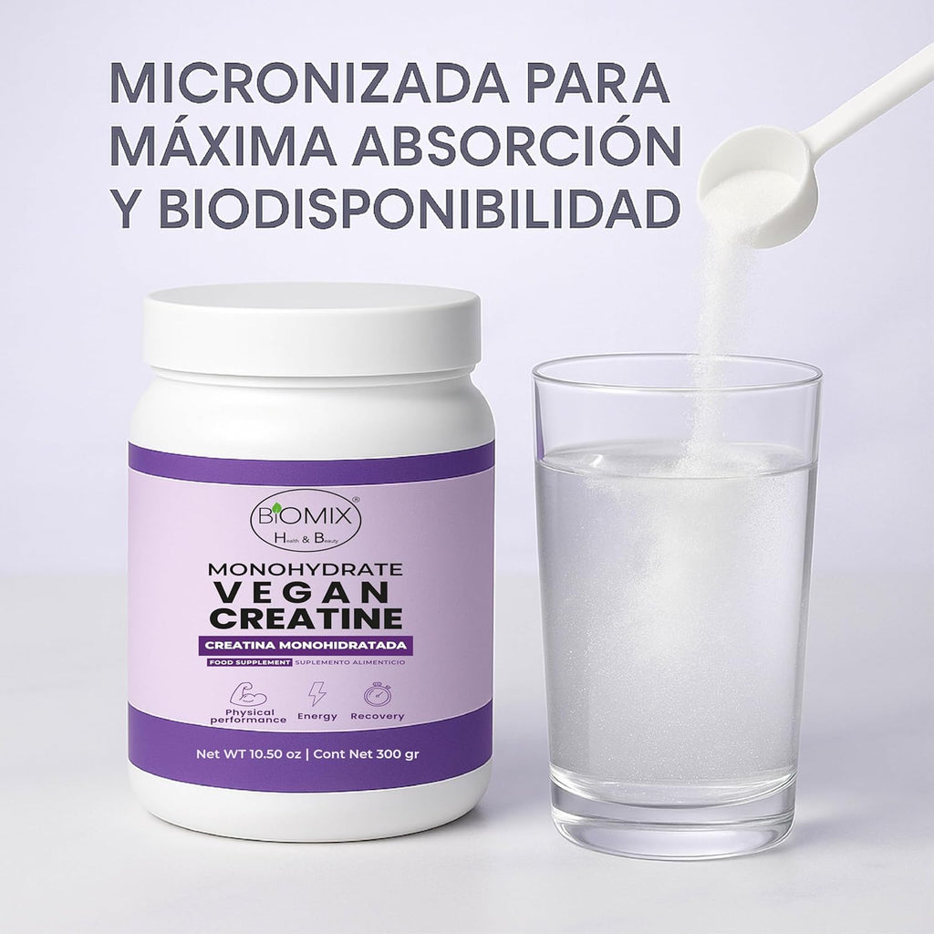 BIOMIX HEALTH & BEAUTY Premium Vegan Micronized Creatine Monohydrate — 300 g (60 Servings) — Gluten-Free, Non-GMO, Ultra Absorption