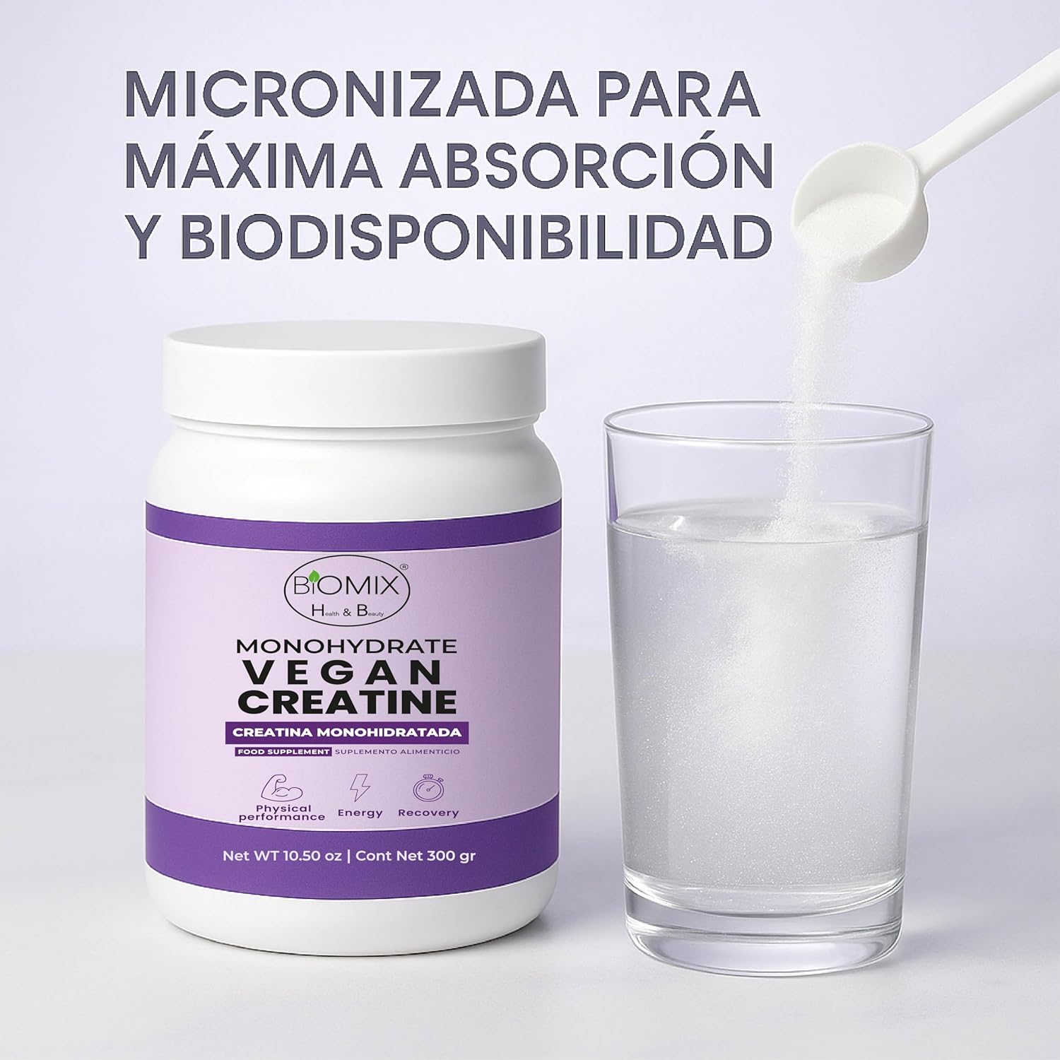 BIOMIX HEALTH & BEAUTY Premium Vegan Micronized Creatine Monohydrate — 300 g (60 Servings) — Gluten-Free, Non-GMO, Ultra Absorption