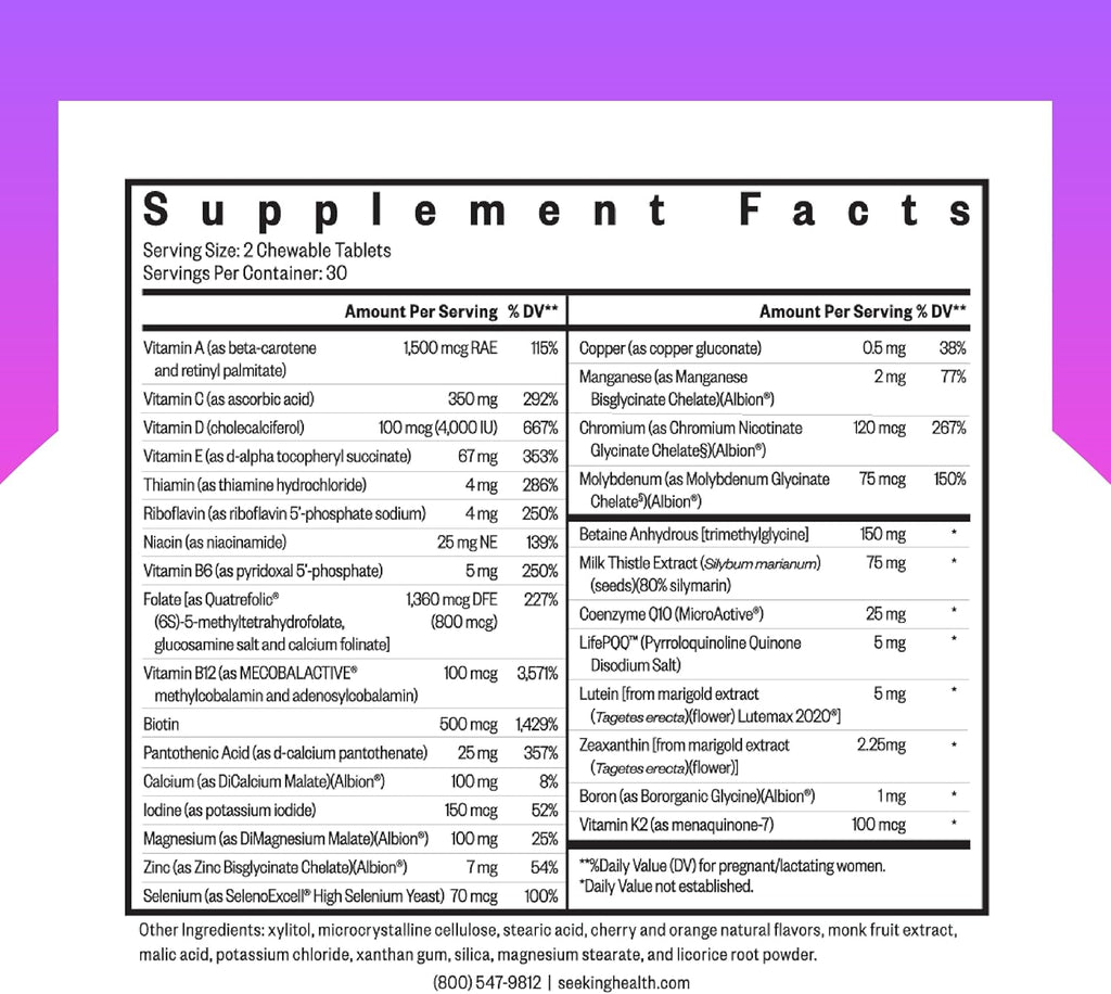 Seeking Health Prenatal Essentials Chewable, Folinic Acid and L-5-MTHF, B-Complex Vitamins, Healthy Pregnancy and Breastfeeding Support, Methylation Support, Vegan and Vegetarian (60 Tablets)*