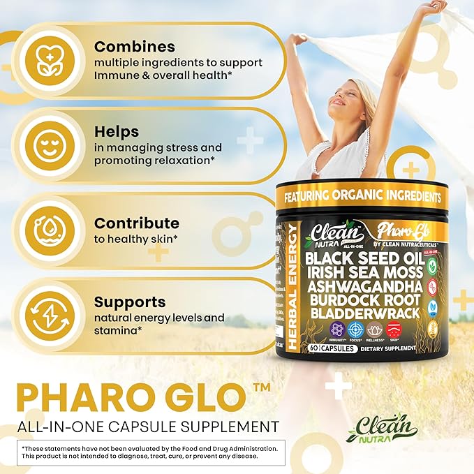 Clean Nutra Black Seed Oil Capsules + Sea Moss Ashwagandha Burdock Root Bladderwrack Seaweed Skin Detox Stress Relief Immune Support Focus Supplement Nigella Sativa 60 Pills
