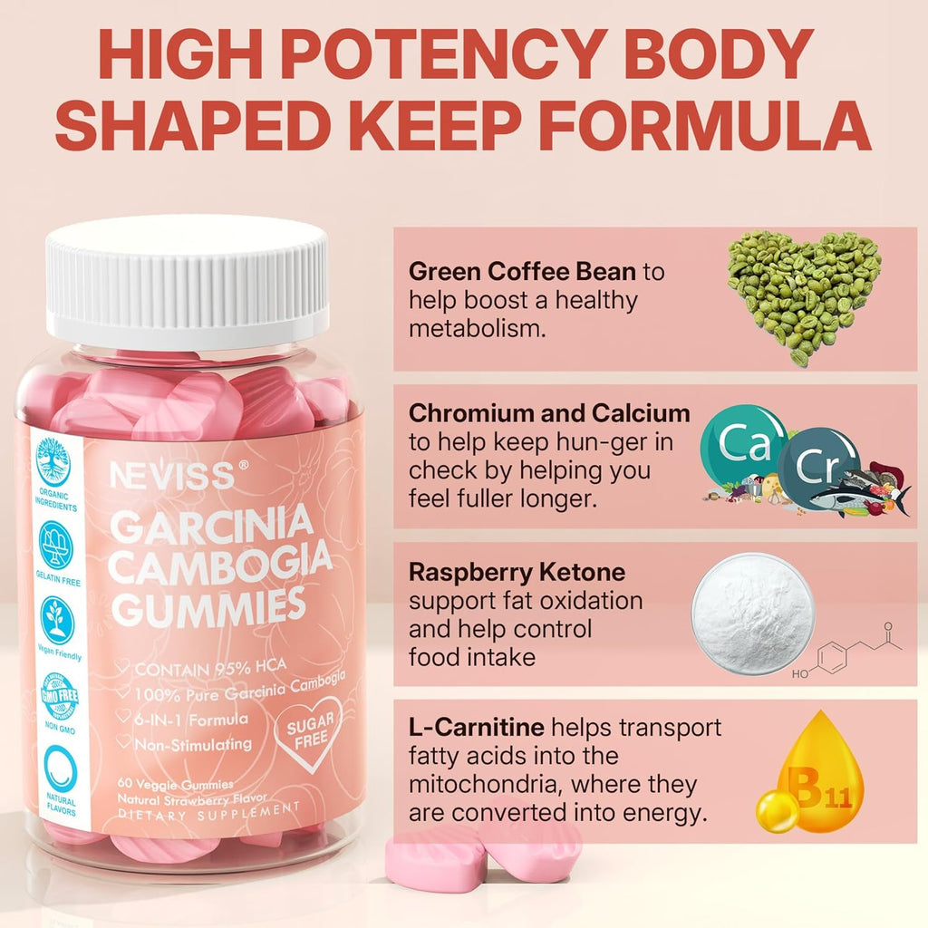 Sugar Free Garcinia Cambogia Gummies 1000mg 95% HCA Pure Extract with L-Carnitine, Raspberry Ketone, Chromium, Green Coffee Bean for Metabolism, 100% Organic Extract, Vegan, Strawberry Flavor 60 Cts